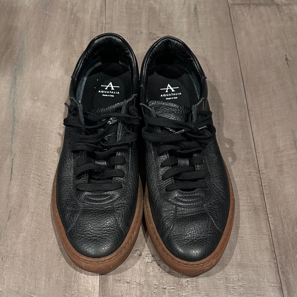 Aquatalia Women's Black Leather Sneakers with Brown Sole